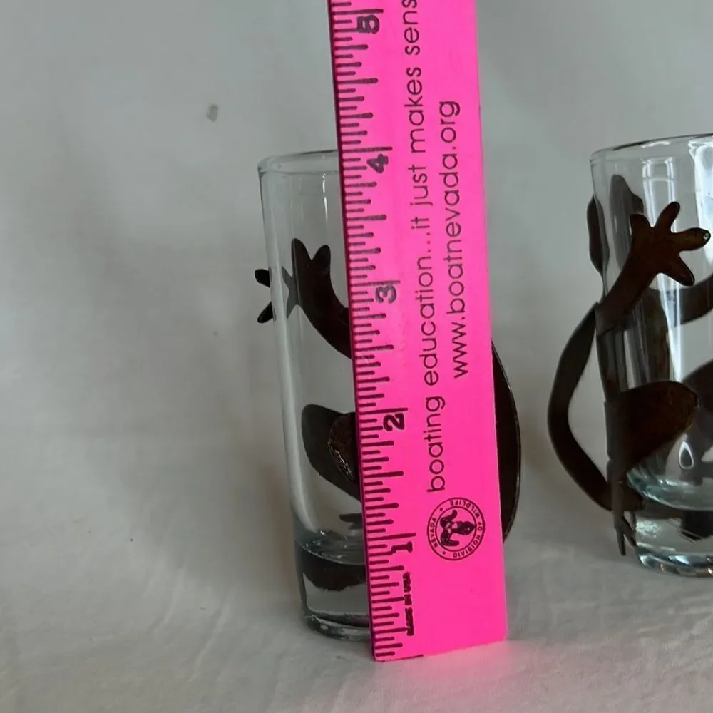 Kokopelli Lizard Gecko Reptile Metal Wrapped Shot Glass Tail Handle Set  Of 2